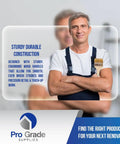 Man holding brush standing in front of text describing sturdy handles, Pro Grade Supplies logo in corner