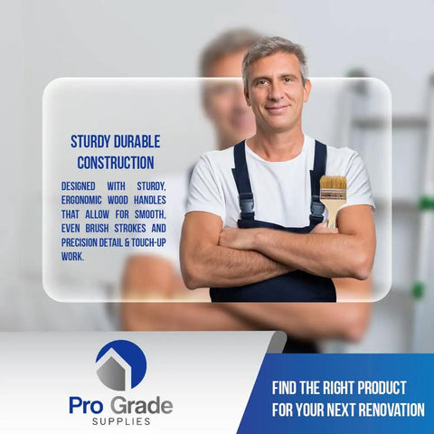 Man holding brush standing in front of text describing sturdy handles, Pro Grade Supplies logo in corner