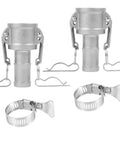 Heavy Duty Cam And Groove Hose Fittings 4 Inch 2 Pack Type C Quick Connect Adapters With Male Spigot Ends, metal construction and hose clamps.