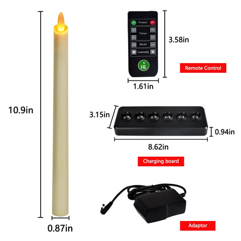 LED Taper Candles With Remote Control Rechargeable Amber Glow 6 Pack 0.87x10.7 Inch with charger base and accessories