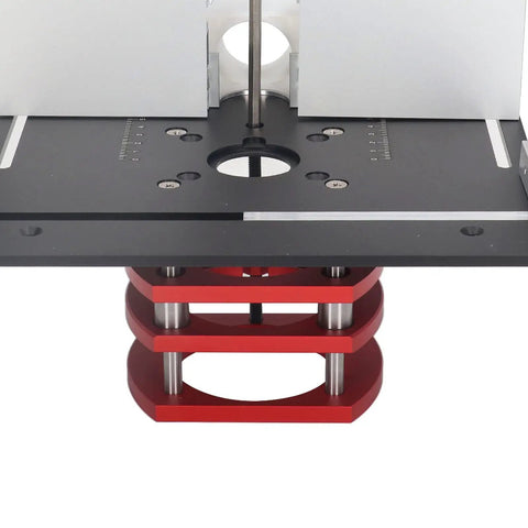 Manual Router Lift Table With Precision Top Plate For 64mm To 66mm Trim Routers showing red lift mechanism and black surface