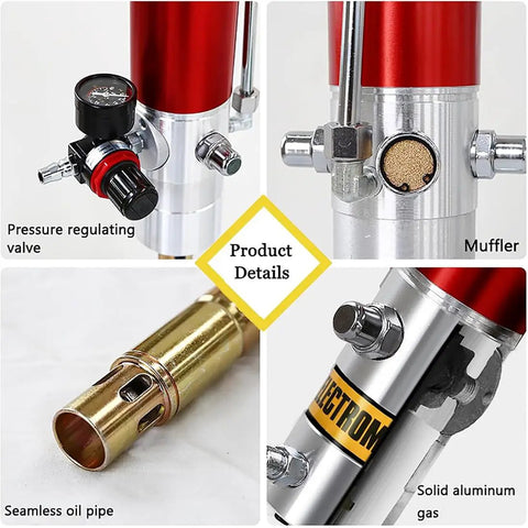 Product details of Pneumatic Grease Pump 50 To 1 Ratio Air Operated Grease Gun including pressure valve, muffler, and oil pipe.