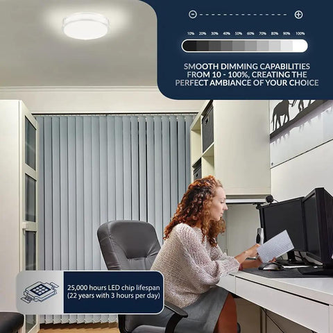 Woman in home office under Double Ring LED Flush Mount Ceiling Light, 15 Inch Brushed Nickel Fixture, dimmable and ETL listed.