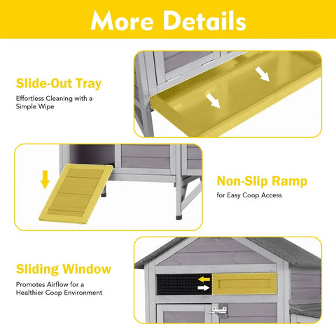 Wooden Chicken Coop For Two Chickens With Expandable Run Nesting Box And Pull Out Tray showing tray, ramp, and window features