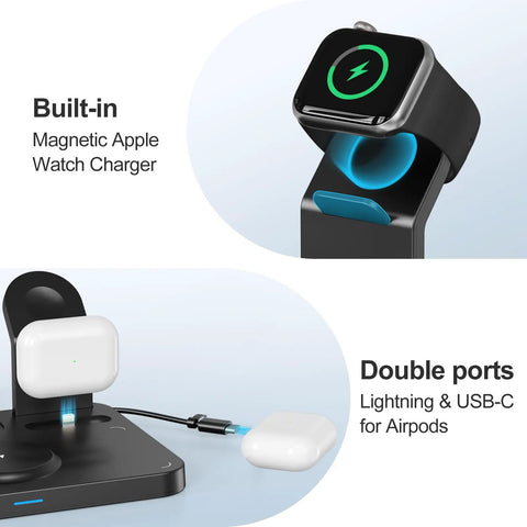 Built-in magnetic Apple Watch charger and double ports Lightning & USB-C in Must Have All In One MagSafe Wireless Charging Station