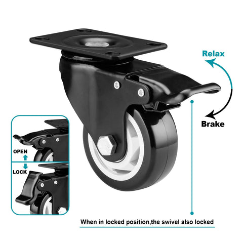 3 Inch Heavy Duty Caster Wheels Set Of 4 With Locking Industrial Swivel Casters showing brake and swivel mechanism.