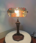 Dragonfly Tiffany Style Stained Glass Desk Lamp for Reading and Working with red glass accent, 10 inch wide by 16 inch tall.