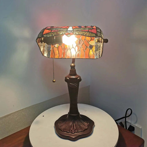 Dragonfly Tiffany Style Stained Glass Desk Lamp for Reading and Working with red glass accent, 10 inch wide by 16 inch tall.