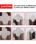 Pro Grade Disc Cutter Set For Jewelry Making With Clover Punches, showing six clover-shaped metal punches in various sizes.