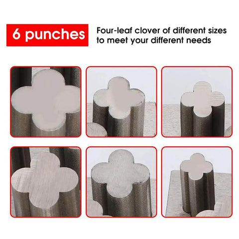 Pro Grade Disc Cutter Set For Jewelry Making With Clover Punches, showing six clover-shaped metal punches in various sizes.