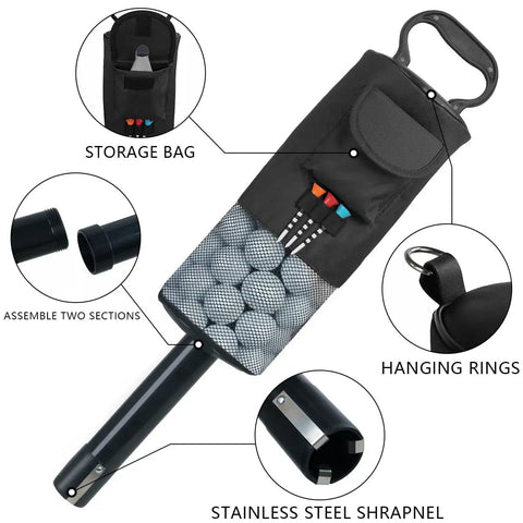 Portable Golf Ball Retriever Shag Bag With Removable Plastic Tube No Bend Quick Pick Up Holds Up To 60 Balls in black with features