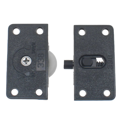 Two Set Sliding Cabinet Door Hardware ABS Plastic Wardrobe Pulley for Cabinet Barn Door Wardrobe Closet Black 58mm Length 28mm Width 34mm Diameter Wheel Durable Easy To Install For Smooth Operation, shown in a front view with screw holes and visible wheel.