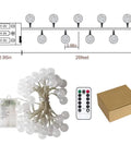 Diagram of Globe String Lights 60 LED Battery Operated With Remote 26ft Waterproof showing components and packaging.