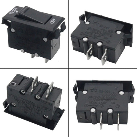 No Sweat Black Rocker Switch Circuit Breaker With 10 Amp Overload Protector trip free reset function, solid black, multiple angles.