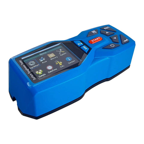 Rugged Portable Roughness Tester and Profilometer with diamond stylus, blue color, clear display, precise Ra Rz Rq Rt measurement.