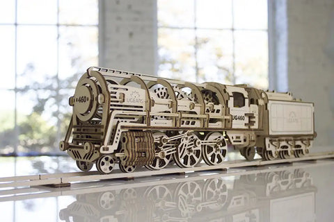 3D Model Steam Locomotive Kit With Tender For Builders And Hobbyists, Gear Driven Train Replica With Rubber Motor, Vintage Steam Era Style For DIY Railfans And Train Nerds, laser-cut wood model