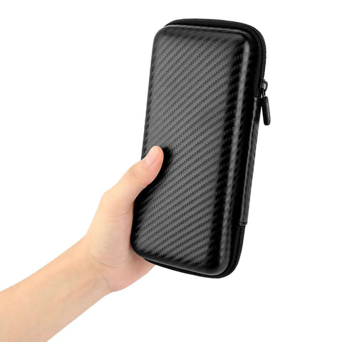 Hella Compact Travel Electronics Organizer And Charger Pouch For Cables Devices And Tech Accessories held in hand, black carbon fiber design.