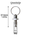 Heavy Duty M6 Stainless Steel Spring Indexing Plunger With Pull Ring Quick Release, 37.5mm tall, ideal for clamps and jigs.