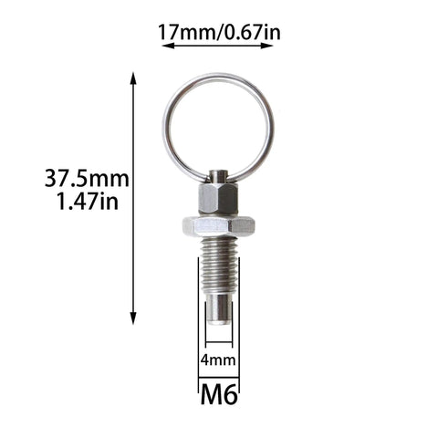 Heavy Duty M6 Stainless Steel Spring Indexing Plunger With Pull Ring Quick Release, 37.5mm tall, ideal for clamps and jigs.