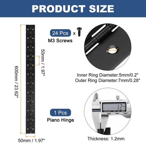 Hella Durable Black 24 X 2 Inch Stainless Steel Piano Hinge With Pre Drilled Holes For Heavy Gates Doors Wood Cabinets And Boat Projects Comes Dead Ready To Install With All Necessary Screws Included. Image shows product size details and specifications.