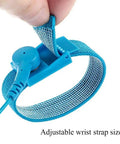 Close-up of Antistatic ESD Wrist Strap Adjustable Band, blue with metal fabric, ideal for sensitive electronics work.