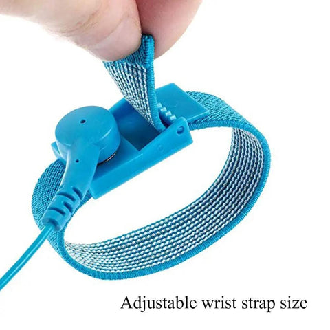 Close-up of Antistatic ESD Wrist Strap Adjustable Band, blue with metal fabric, ideal for sensitive electronics work.