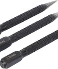 Premium High Carbon Steel Center Punch Set Black Finish Heavy Duty Marking Tools For Alloy Steel Metal Wood Drilling Jigs With Killer Precision And Tough As Nails Construction, showing three sizes: 1.5mm, 2.0mm, and 3.0mm.