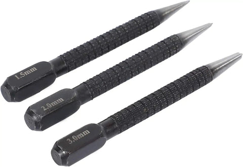 Premium High Carbon Steel Center Punch Set Black Finish Heavy Duty Marking Tools For Alloy Steel Metal Wood Drilling Jigs With Killer Precision And Tough As Nails Construction, showing three sizes: 1.5mm, 2.0mm, and 3.0mm.