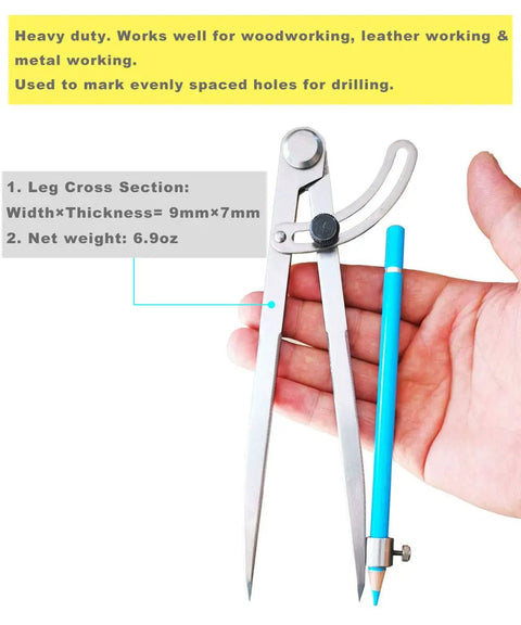 Badass Heavy Duty Carbon Steel Wing Divider Locking Caliper With Integrated Pencil Cup, 9mm x 7mm legs for precision tasks.