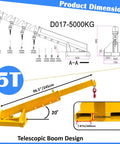 Hella Tough 11000 Pound Forklift Jib Boom Crane With Fully Telescopic Arm And Truss Hoist Hook dimensions illustration with 5T lift capacity.