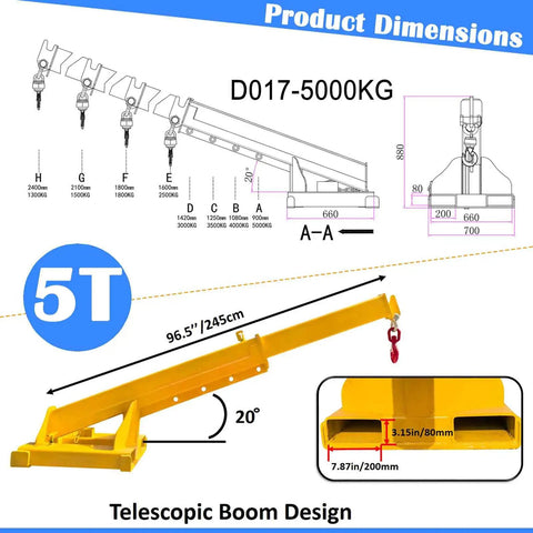 Hella Tough 11000 Pound Forklift Jib Boom Crane With Fully Telescopic Arm And Truss Hoist Hook dimensions illustration with 5T lift capacity.