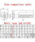 Size comparison table for Top Shelf Carbon Steel Wood Screws Number Six By One Inch showing dimensions and specifications.