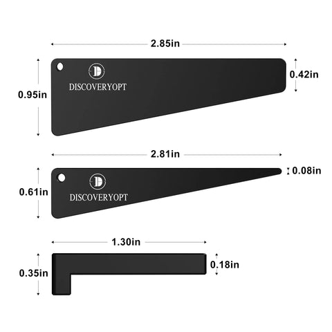 Scope Leveling Kit For Rifle Scope Mounting And Alignment, black wedges and L-shaped tool with measurements