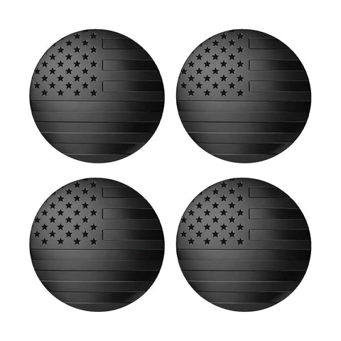 Heavy Duty American Flag Wheel Hub Center Caps 4 Pack, Rustproof Aluminum 2.2 Inch Rim Covers, Patriotic Usa Decal design close-up.