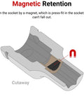 Cutaway view of Built Tough Magnetic Hex Bit Holder Socket For Three Eighths Inch Drive And Quarter Inch Hex Bits showing magnet retention.