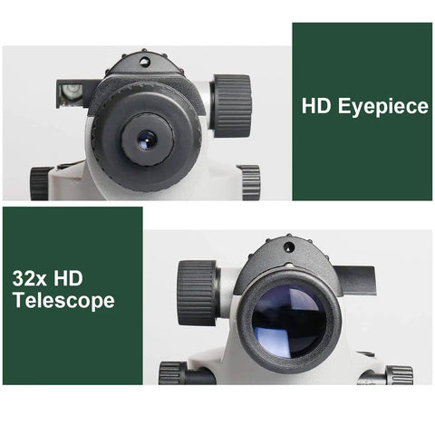 Close-up of HD eyepiece and 32x HD telescope on 32x Automatic Optical Level With Self Leveling Magnetic Dampened Compensator And Transport Lock For Pro Grade Height Distance And Angle Measurement, 393 Feet Range At One Sixteenth Inch Accuracy At One Hundred Feet, Durable Hard Case Included.