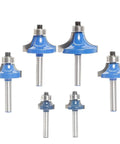 Knockout 6 Piece Round Over Router Bit Set With Tough 1/4 Inch Shank And Assorted Carbide Profiles To Square Away Fine Woodwork And Leave Edges Smoother Than Butter Daily, featuring 6 blue carbide router bits.