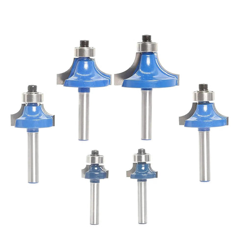 Knockout 6 Piece Round Over Router Bit Set With Tough 1/4 Inch Shank And Assorted Carbide Profiles To Square Away Fine Woodwork And Leave Edges Smoother Than Butter Daily, featuring 6 blue carbide router bits.