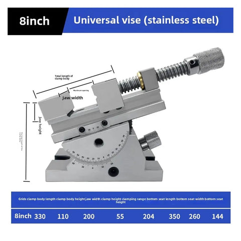 8-inch Stainless Steel Angle Vise With Tool Steel Clamp System For Precision Machining, Integrated Slots For Flexible Clamping