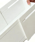 Slick Adjustable Drawer Organizer Slides Easy To Block Any Gap No Sweat Guaranteed For Organizing Makeup Pens And Gear In Kitchen Drawers Or Office Setups close-up view of white telescopic slide rail.