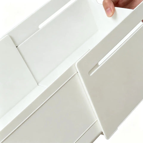 Slick Adjustable Drawer Organizer Slides Easy To Block Any Gap No Sweat Guaranteed For Organizing Makeup Pens And Gear In Kitchen Drawers Or Office Setups close-up view of white telescopic slide rail.