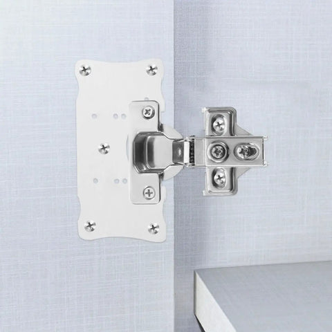 5Pack Stainless Steel Cabinet Hinge Repair Plates for Kitchen Cupboards and Doors, installed on cabinet for smooth quiet operation.