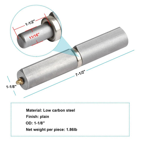 Two Pack 7.5 Inch Weld On Bullet Hinge With Grease Zerk Beefy Heavy Duty Weldable Hinges For Gates And Doors 800 Lb Load Per Pair Low Carbon Steel Plain Finish, 7-1/2 in