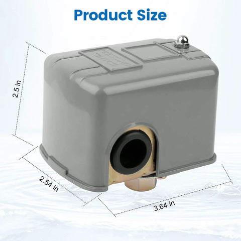 Well Pump Pressure Switch 40 To 60 Psi With Adjustable Differential And 1/4 Inch NPT Female Fittings, compact with dimensions