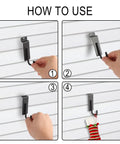 Heavy Duty Slatwall Hooks Built Like A Tank With Slick Scratch Resistant Coating Smooth Polished J Shaped Tips Hella Durable For High Traffic Retail Shops Hardware Stores And Trade Shows To Display Your Stash Daily installation guide showing steps to use slatwall hooks.