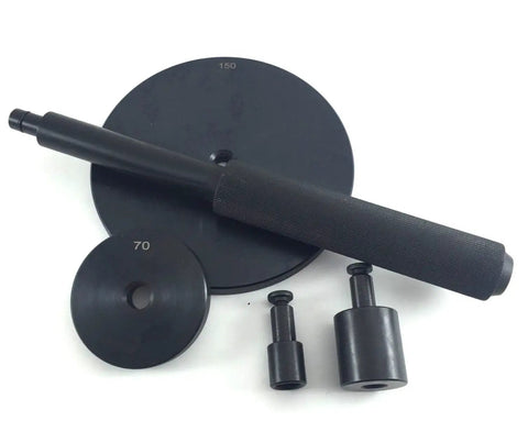 Heavy Duty Jumbo Bearing Bushing Seal Driver Tool Set All Steel 19 Piece With Large 2 3/4 Inch To 6 Inch Discs shown with handle