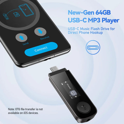 64GB Bluetooth MP3 Player With Type C USB 2 In 1 Plug And Play Grab And Go Clip On Design shown with phone for connection