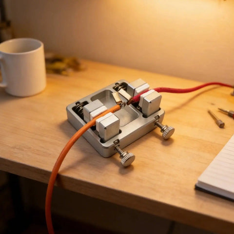 Solid Aluminum Soldering Wire Fixture With Ceramic Jaws And 4-Position Circuit Board Mounting Clamp For Adjustable PCB Wire Holder on a wooden desk.