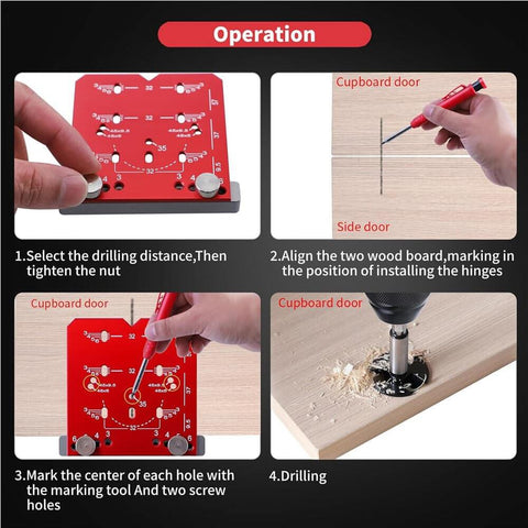 Instructional guide showing operation of Universal Cabinet Hinge Jig with 35mm drilling guide for concealed hinge installation.