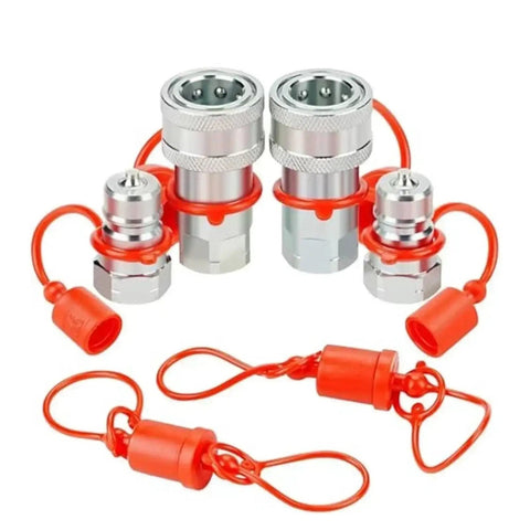 Unlock The Full Potential With These Two Sets Of Heavy Duty Hydraulic Quick Connect Couplers Covering 1/4 3/8 And 1/2 Inch Npt Sizes With Dust Safety Caps To Keep Debris Out Secure And Stable Fits For Pump Tractor Systems Easy Snap Install Saves Cash For., metal hydraulic quick couplers with red dust caps, 2 pack